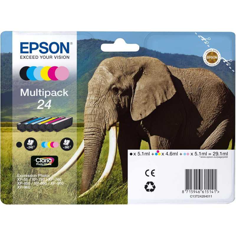 Epson 24 Noir couleur Éléphant Pack de 6 Cartouches moins cher