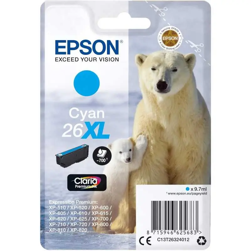 Epson 26XL Cyan Ours polaire Cartouche d'encre d'origine