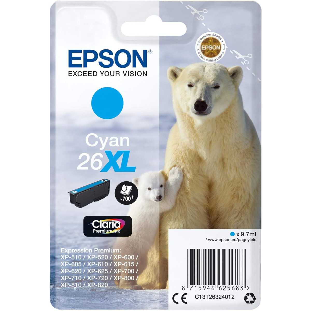 Epson 26XL Cyan Ours polaire Cartouche d'encre d'origine Epson 26XL Cyan Ours polaire Cartouche d'encre d'origine