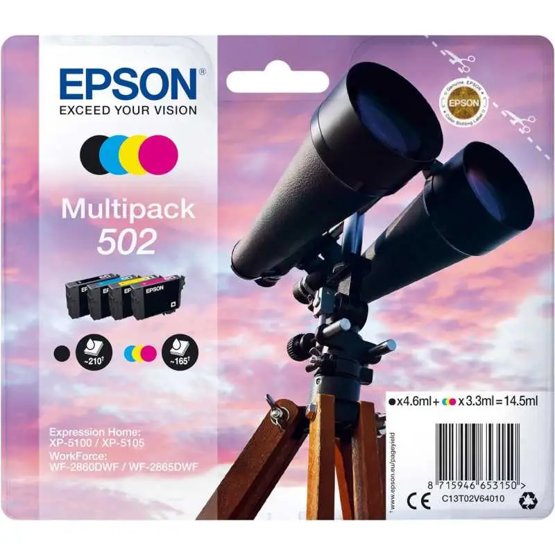 Epson 502 Noir couleur Jumelles Multipack de 4 cartouches d'encre d'origine Epson 502 Noir couleur Jumelles Multipack de 4 cartouches d'encre d'origine