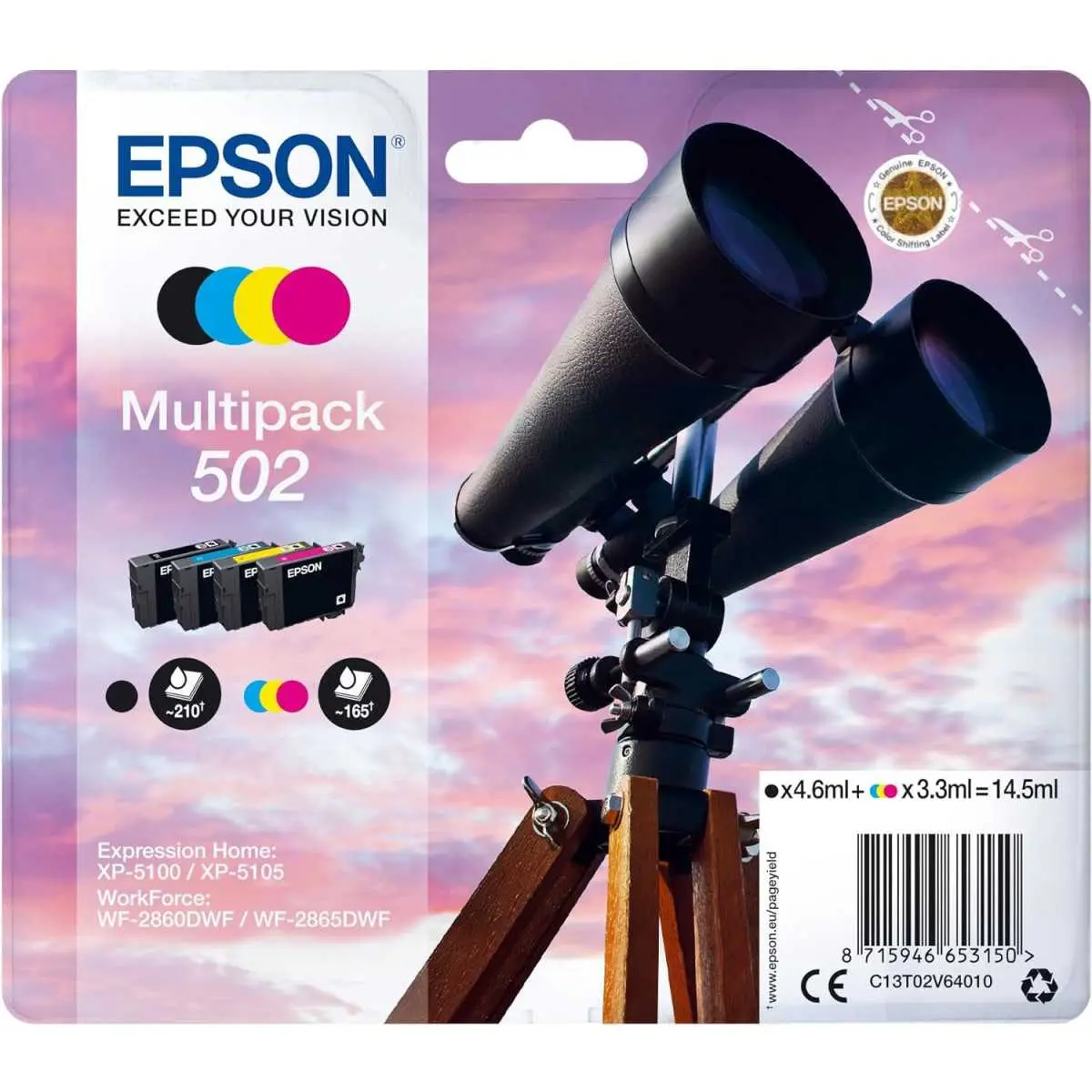 Epson 502 Noir couleur Jumelles Multipack de 4 cartouches d'encre d'origine Epson 502 Noir couleur Jumelles Multipack de 4 cartouches d'encre d'origine