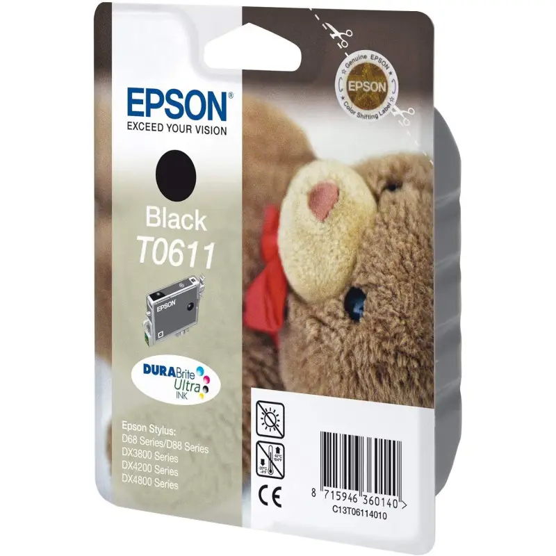Cartouche d'encre Epson TO611 noire compatible avec les imprimantes Stylus – Impression nette, durable et économique.