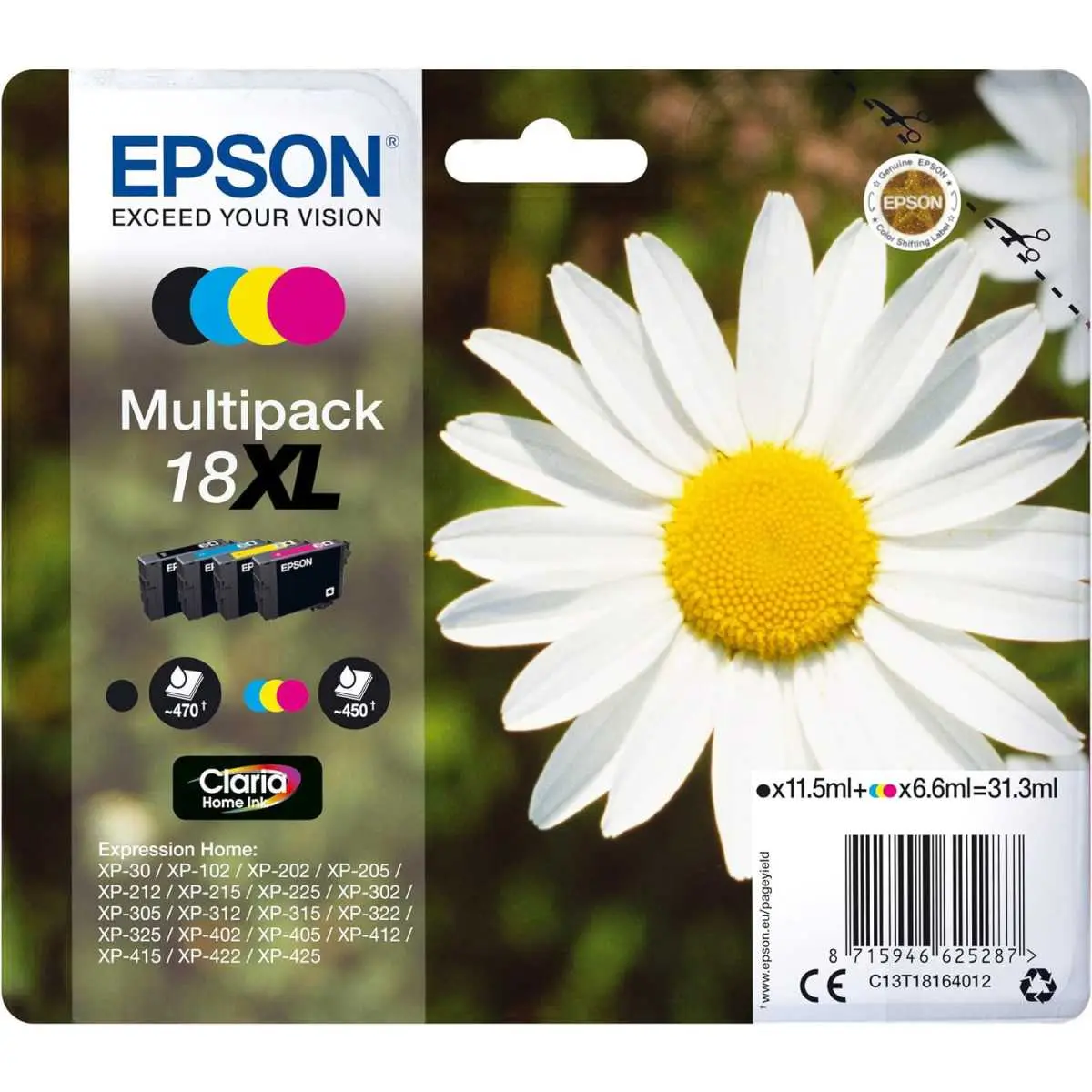 Cartouches Epson 18XL Pâquerette originales encre noire et couleur haute capacité pour imprimantes Expression Home Cartouches Epson 18XL Pâquerette originales encre noire et couleur haute capacité pour imprimantes Expression Home