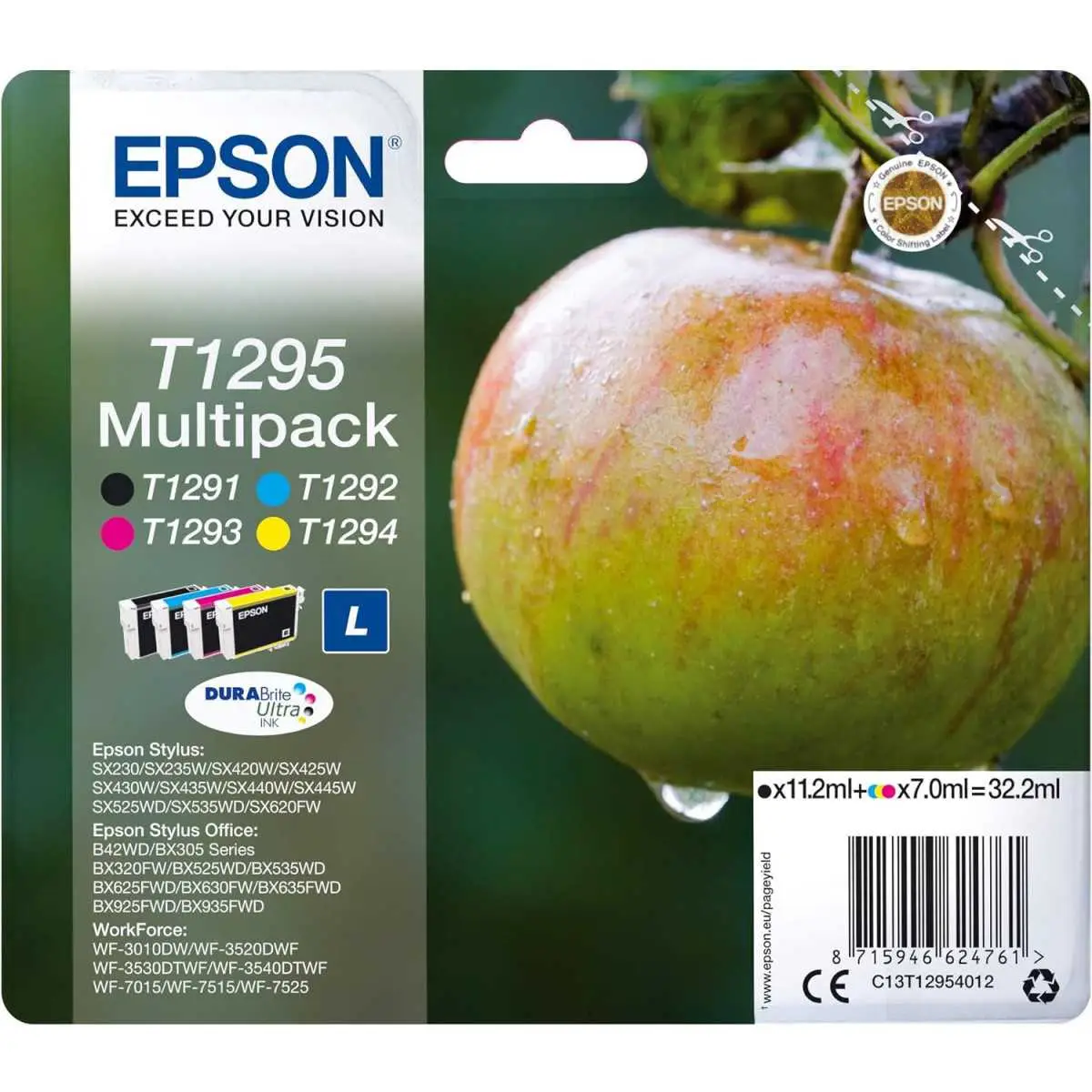 Cartouches Epson T1295 Pomme originales encre noire et couleur pour imprimantes Stylus et Office BX SX Cartouches Epson T1295 Pomme originales encre noire et couleur pour imprimantes Stylus et Office BX SX