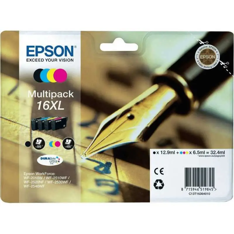 Epson 16XL Noir couleur Stylo plume Multipack de 4 cartouches d'encre d'origine Epson 16XL Noir couleur Stylo plume Multipack de 4 cartouches d'encre d'origine