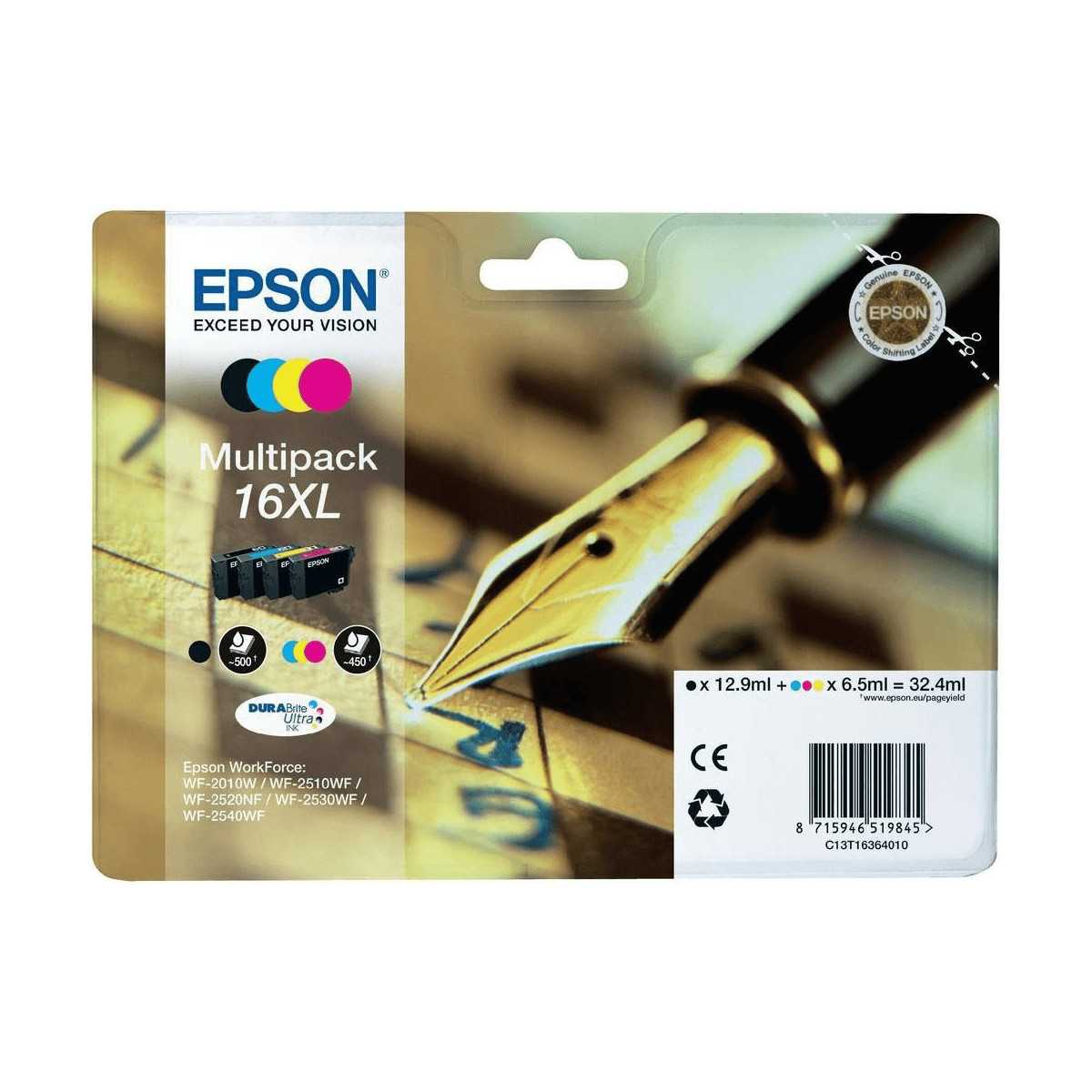 Epson 16XL Noir couleur Stylo plume Multipack de 4 cartouches d'encre d'origine Epson 16XL Noir couleur Stylo plume Multipack de 4 cartouches d'encre d'origine