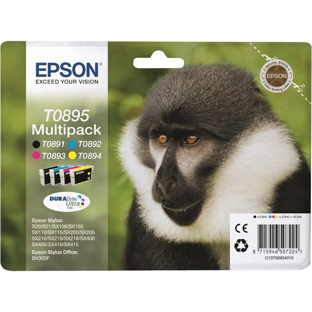 Epson T0895 Noir couleur Singe Multipack de 4 cartouches d'encre d'origine Epson T0895 Noir couleur Singe Multipack de 4 cartouches d'encre d'origine