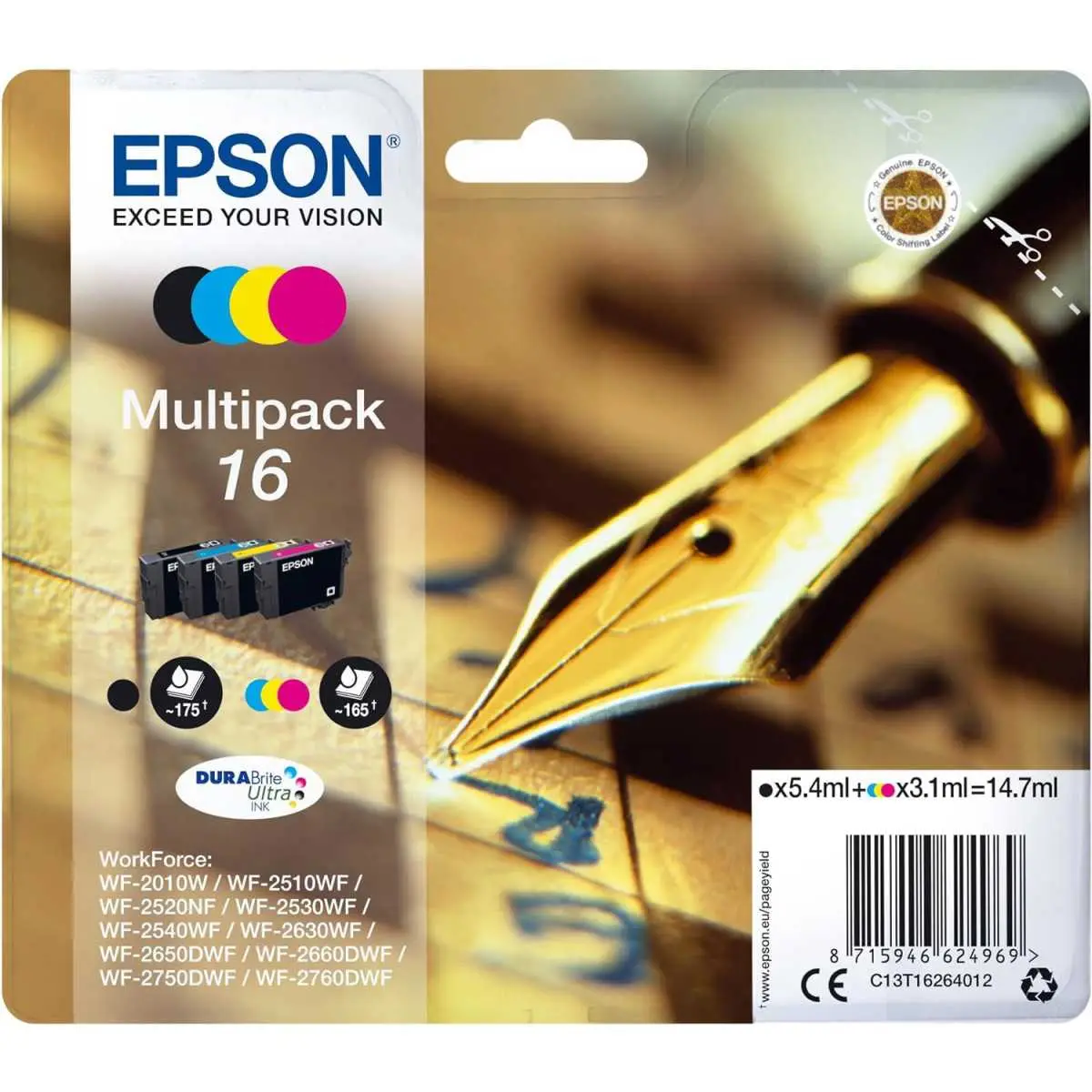 Epson 16 Noir couleur Stylo plume Multipack de 4 cartouches d'encre d'origine Epson 16 Noir couleur Stylo plume Multipack de 4 cartouches d'encre d'origine