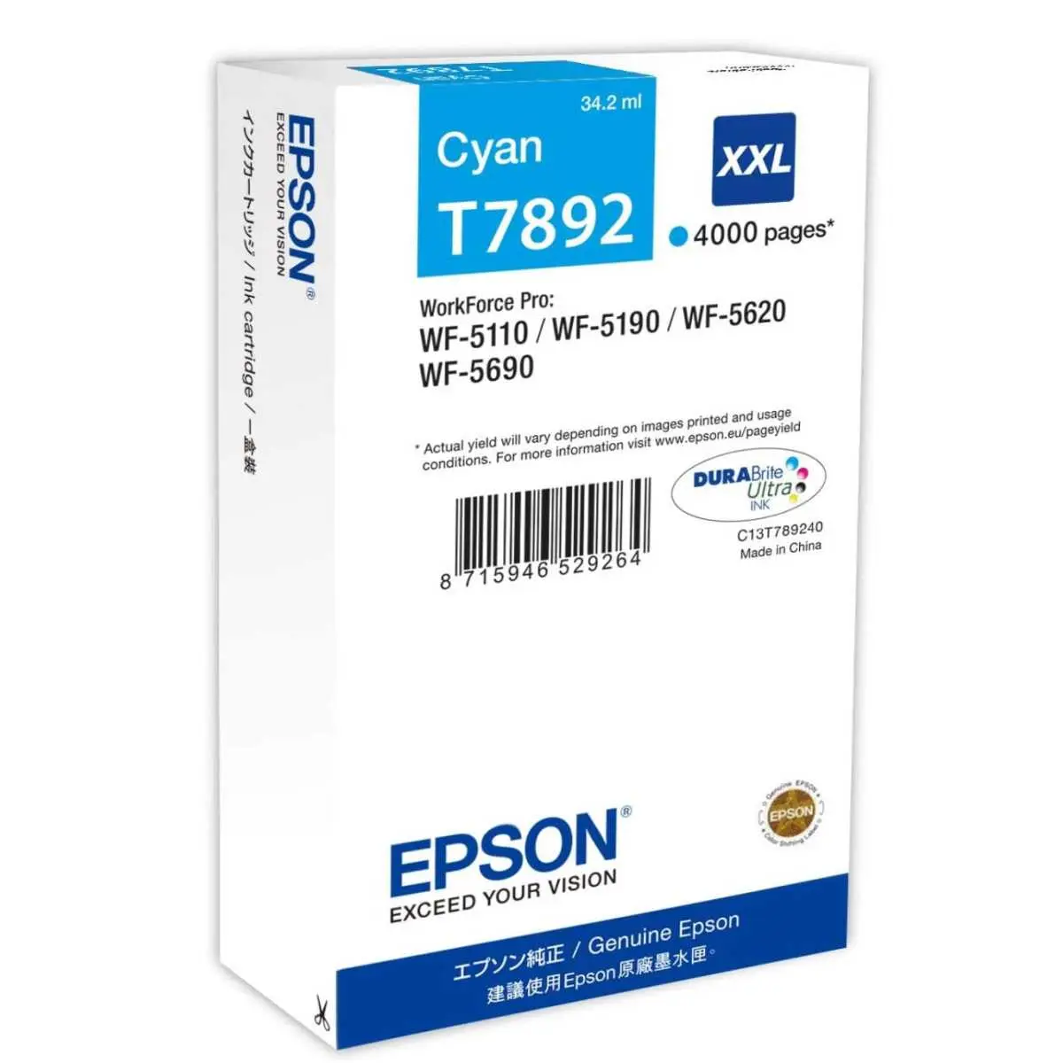 Epson T7892 XXL Cyan Cartouche d'encre d'origine Epson T7892 XXL Cyan Cartouche d'encre d'origine