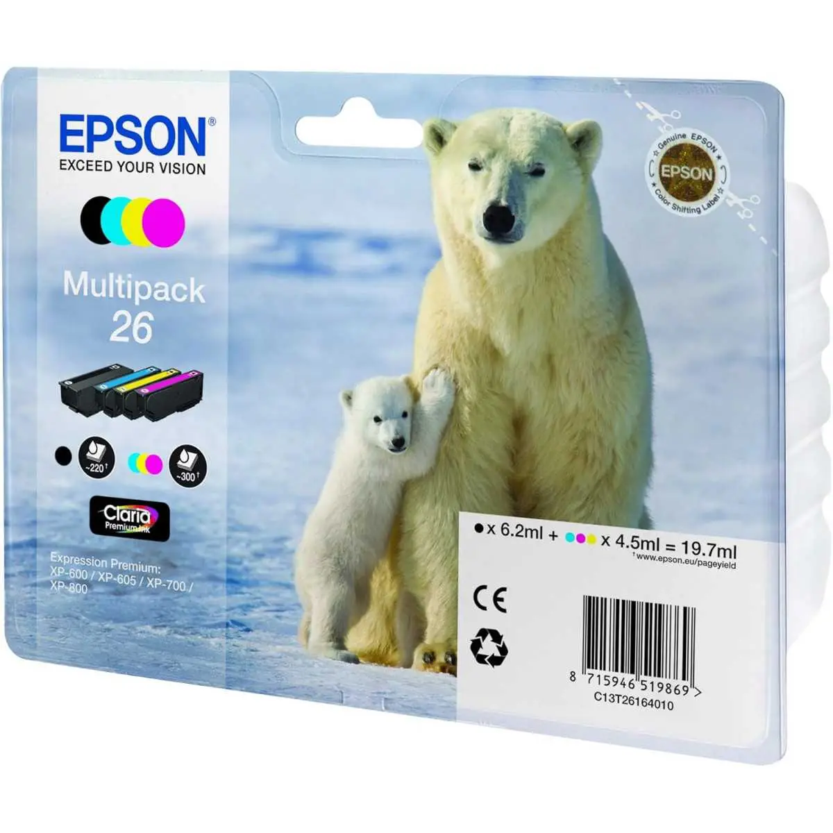 Epson 26 Noir couleur Ours polaire Multipack de 4 cartouches d'encre d'origine Epson 26 Noir couleur Ours polaire Multipack de 4 cartouches d'encre d'origine