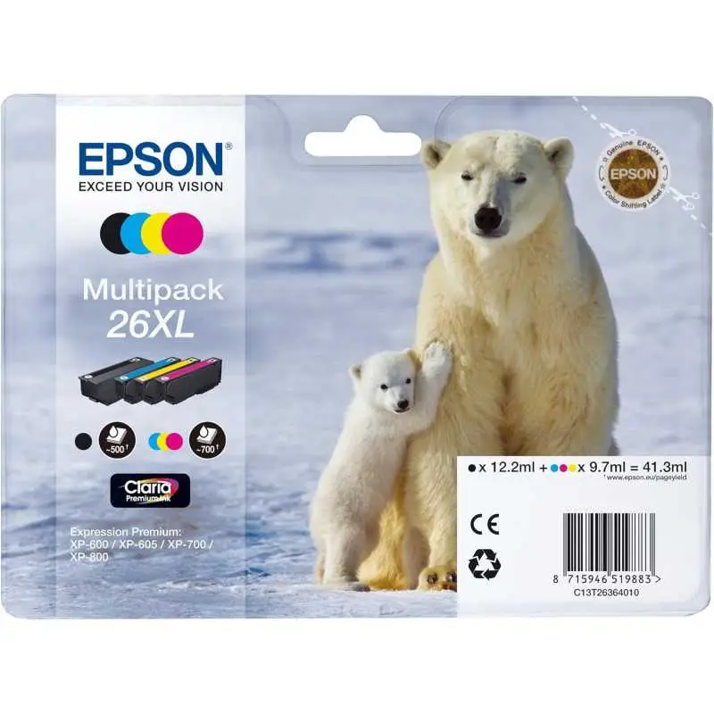 Epson 26XL Noir couleur Ours polaire Multipack de 4 cartouches d'encre d'origine